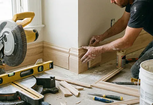 Installing moldings in a room corner: a craftsman adjusts the decorative profile according to markings