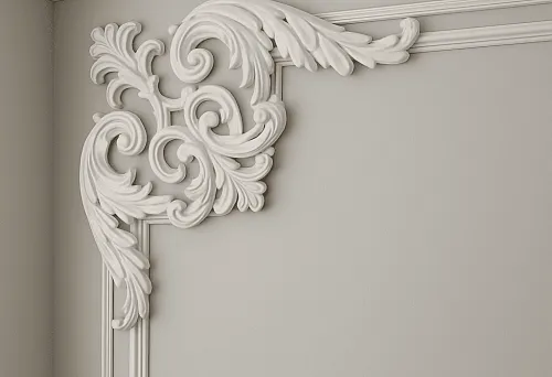 Corner element finishing with carved ornamentation