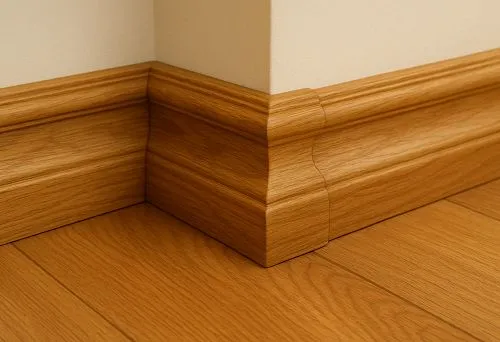 Solid oak baseboard with decorative profile in the corner of a modern room
