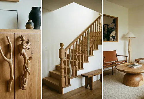 Interior with wooden handmade elements &mdash; lamp, balusters and furniture with organic forms