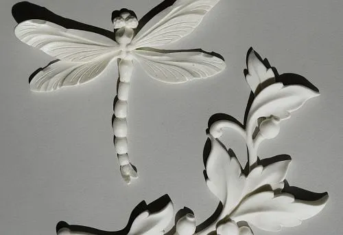 White polyurethane ceiling molding &mdash; relief dragonfly and decorative branch with leaves