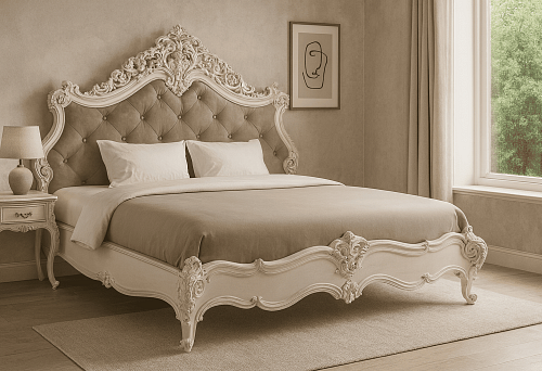 Italian Bedroom Furniture &ndash; Bed with a Carved Headboard and Nightstand