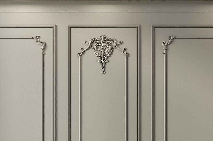 Tsarskoye Selo wall panels with an upper stucco overlay and decorative moldings in gray-olive color