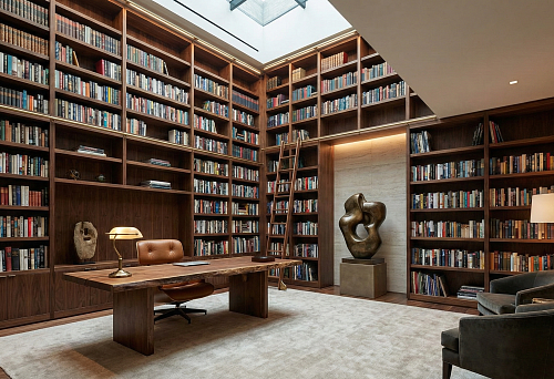 Library Furniture: Floor-to-Ceiling Wooden Shelves with Books and Integrated Lighting