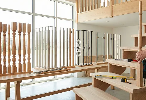 Stair balusters: wooden and metal railing samples, selection of options and styles 2026