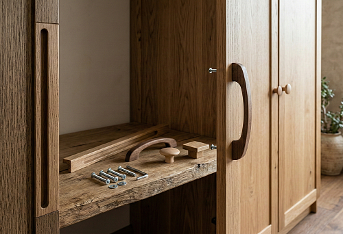 Wooden handles for cabinets: recessed handle for sliding wardrobe and surface-mounted bracket handle on hinged door
