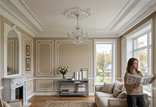 Polyurethane stucco in the interior of a living room in the Moscow region with wall moldings, cornices, and a ceiling rosette