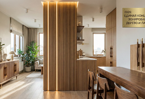 Modern interior with wooden slats, brass accents, and furniture handles in a unified style