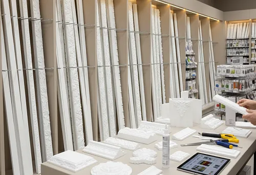 Range of polystyrene moldings and decorative elements on store display