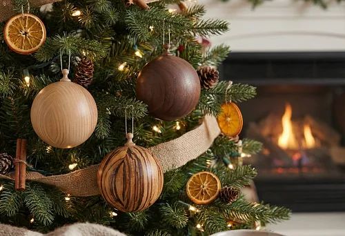 Wooden Christmas tree decorations: wooden balls, warm garland, dried oranges and linen ribbon