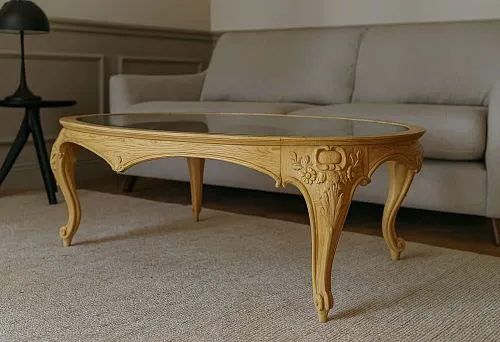 Classic dining table base made of solid wood with decorative carving and curved legs