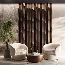 Wooden wall panel DP-002 in the lounge area, accent wall with wavy relief behind the armchairs