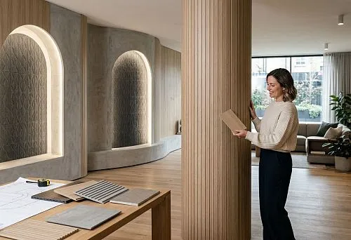 Flexible wall panels for columns, radius walls, and arched niches in a modern interior