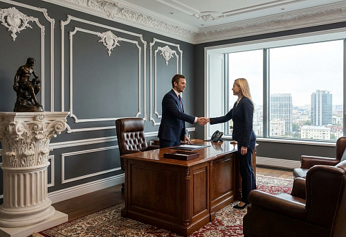 Stucco on walls in the office &mdash; classic stucco decor that emphasizes the company's status and architectural expressiveness of the space