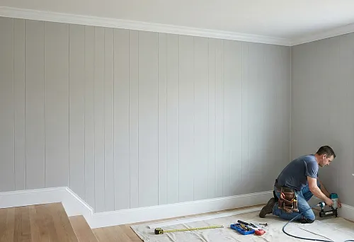 Installation of wall panels and baseboards without wet processes, the master uses a pneumatic gun and ready-made profiles