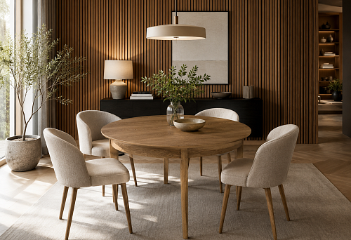 The dining room with a slatted wall looks too straightforward &mdash; buy a round wooden table Chester 002-012 with a diameter of 1148 mm