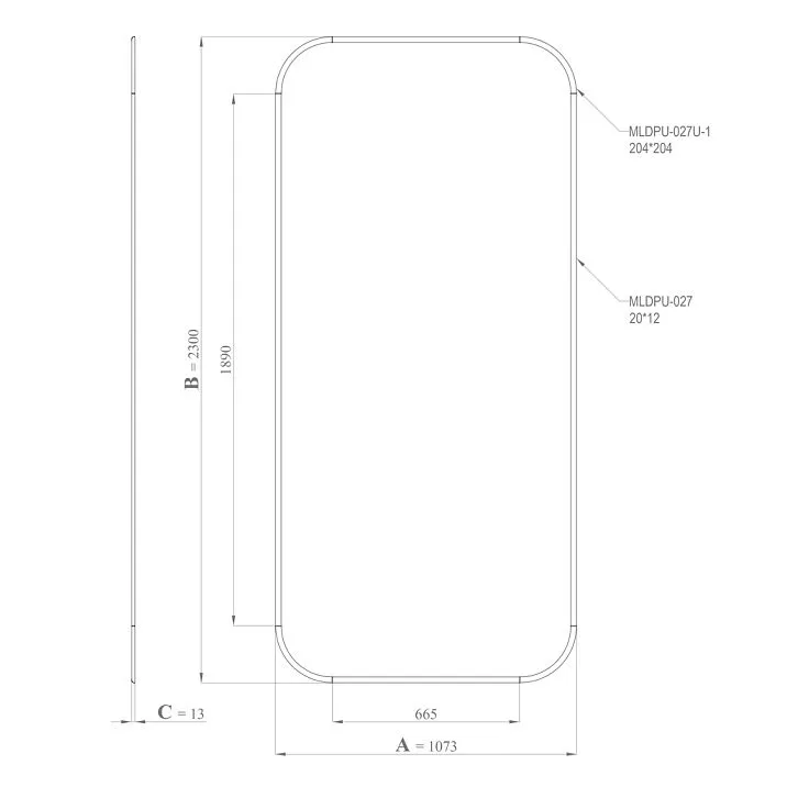 Drawing of the CPU-3-1 Decorative Molding Kit: height 2300 mm, width 1073 mm, thickness 13 mm, profile MLDPU-027 and radius corners