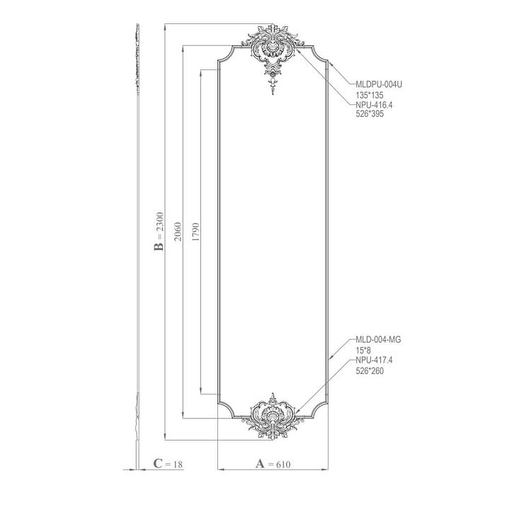 Drawing of the stucco decor set CPU-12-1 Petersburg size 610&times;2300&times;18 mm