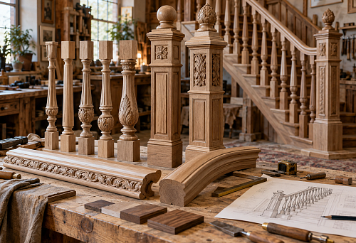 Carved elements for a wooden staircase