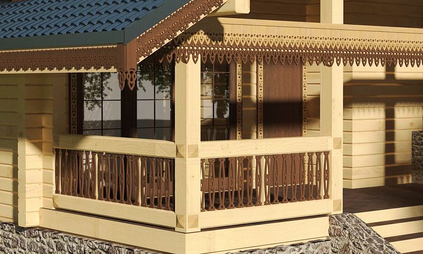 Decorative terrace design with carved balusters and ornamental elements.