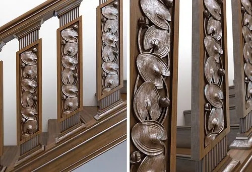 Carved balusters with leaf-shaped ornament and patinated finish &mdash; general view
