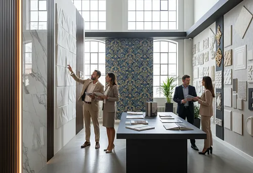 Visitors view 3D panels and marble slabs in a decorative finishes showroom.