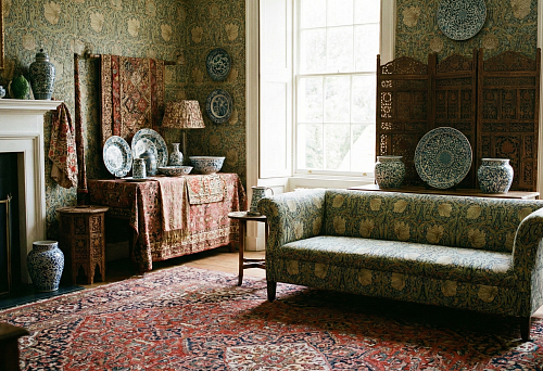 Composition of decorative elements: patterned wallpaper, ceramic plates and vases, an ornamented rug in a cozy living room