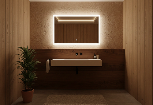 Mirror with lighting in the bathroom and wooden baseboard with panels, warm bathroom without the feeling of cold tiles