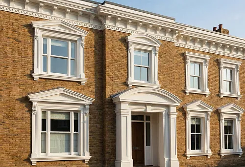 Brick house facade with polyurethane stucco: window trims and cornice framing