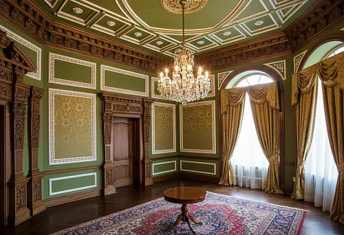 Interior with Decorative Patterns, Carved Wooden Corner Elements, and Rich Embellishments Creating a Cohesive Room Composition