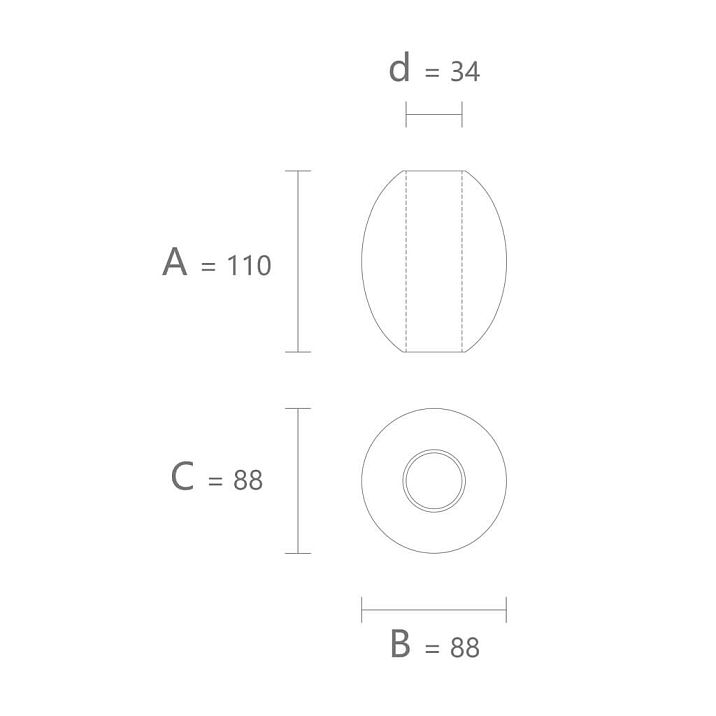 Drawing of geometric figure KN-001 size 110 &times; 88 &times; 88 mm with a 34 mm hole