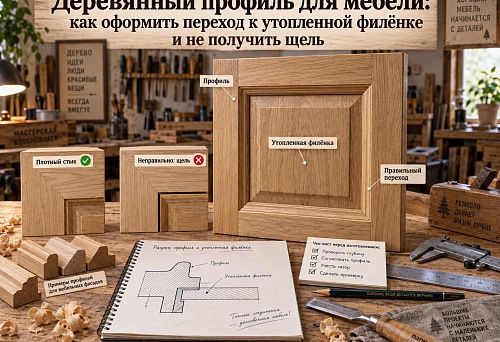Wooden profile for a furniture facade with a recessed panel