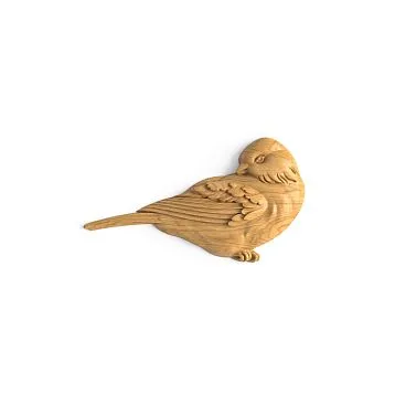 Wooden decor N-497L in the form of a bird made of natural wood, front view, detailed carved ornament.