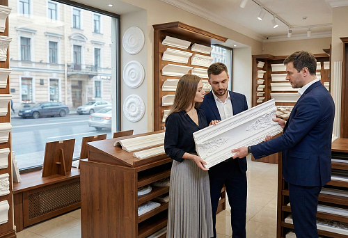 Customers choose polyurethane molding in a high-quality showroom