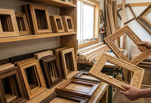 Wooden picture frames in a workshop: selection of frame moldings in different sizes and shades