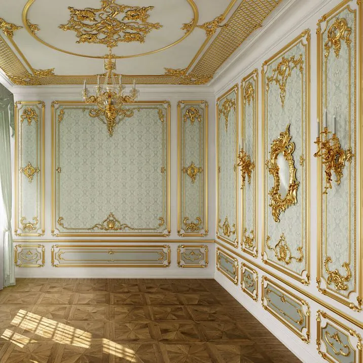 Carved molding tip N-364.1L in a classic interior with moldings, wall panels, and carved decor