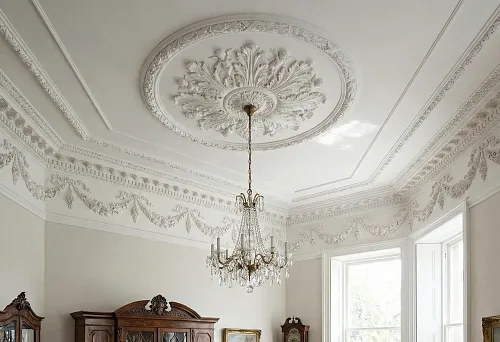 Classical ceiling with a luxurious polyurethane rosette and crystal chandelier