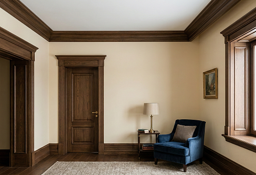 Wooden baseboard, trim, and cornices in a unified room finishing set: warm solid wood tone