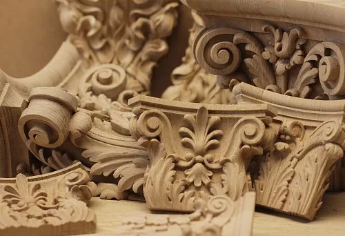 Composition of Carved Wooden Elements: Legs, Decorations, Furniture Decor.