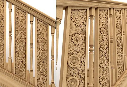 Staircase railing with carved wooden panels and classic balusters