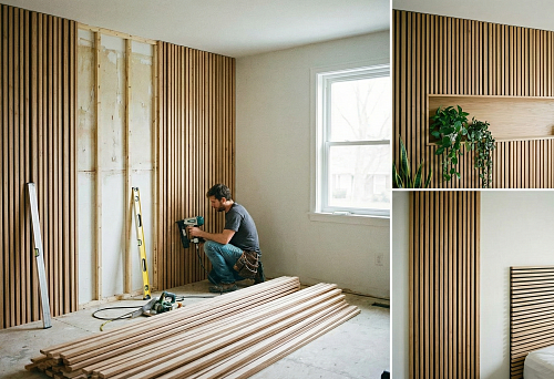 Installation of wooden battens on the wall: a specialist secures the panels.