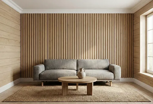 Wooden room decor: modern furniture and an accent wall with wooden slats