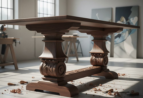 Carved wooden dining table apron with massive supports and decorative elements in a classic style