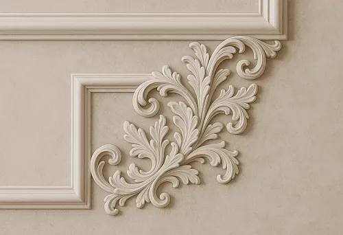 Molding corner element with decorative floral ornament for exquisite interior design