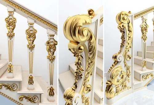 White staircase with decorative balusters and newels, adorned with carving and gilded elements