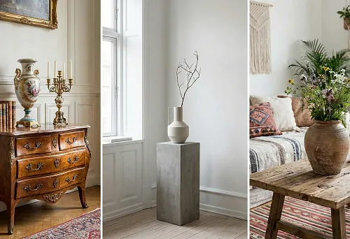 Classic decorative element &mdash; a porcelain floor vase and a brass candelabra on a chest of drawers with stucco wall panels