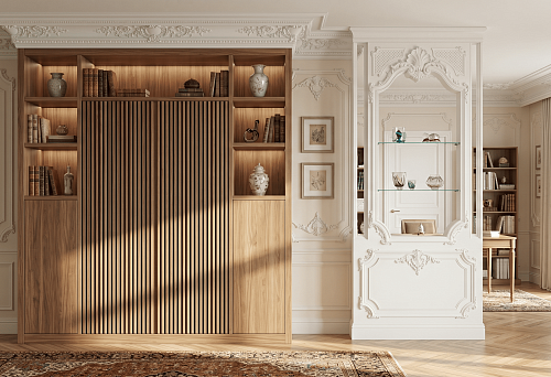 Slatted facades and polyurethane stucco for cabinet and partition design