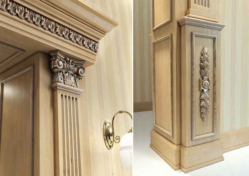 Close-up of pilasters of the door portal PRT-010 with fluting and carved capitals