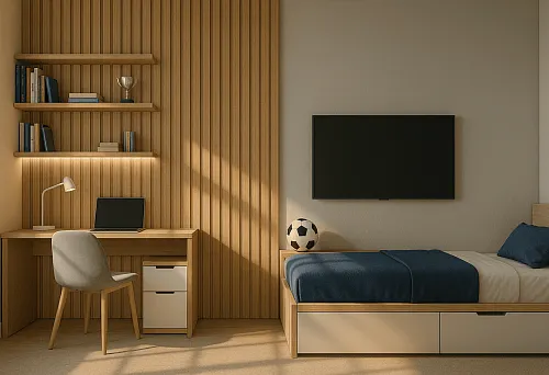 Working area and bedroom with accent wall made of MDF slats &ndash; example of products from leading manufacturers