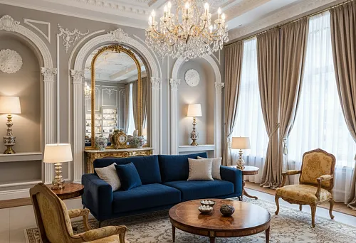 Living room in classic style with premium designer furniture and luxurious molding